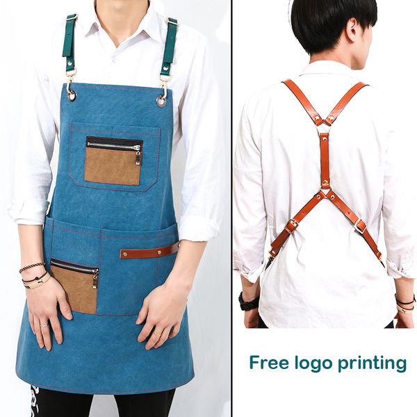 

canvas aprons for women men bbq senior bib leather straps kitchen barber cooking coffee shop cleaning custom print logo