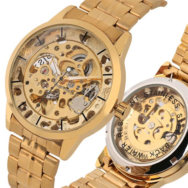 

gold color stainless steel skeleton watches men mechanical self wind automatic male timepieces 2019 new luxury clock gifts man, Slivery;brown