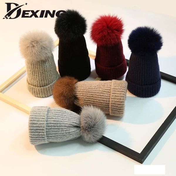 

2019 new pom pom fur winter hat for women fashion solid warm ear protection hats knitted beanies cap thick female cap, Blue;gray