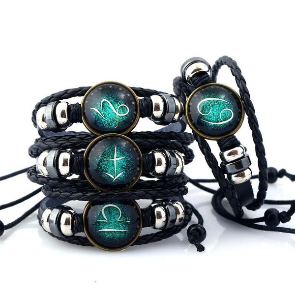 

europe and america leisure vintage hand-knitted bracelet cowhide 12 constellation bracelet men and women jewelry fashion wholesale, Black