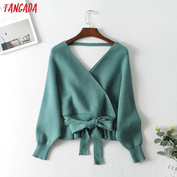 

tangada women backless solid jumper sweater korean fashion long sleeve v neck pullovers female ja07, White;black