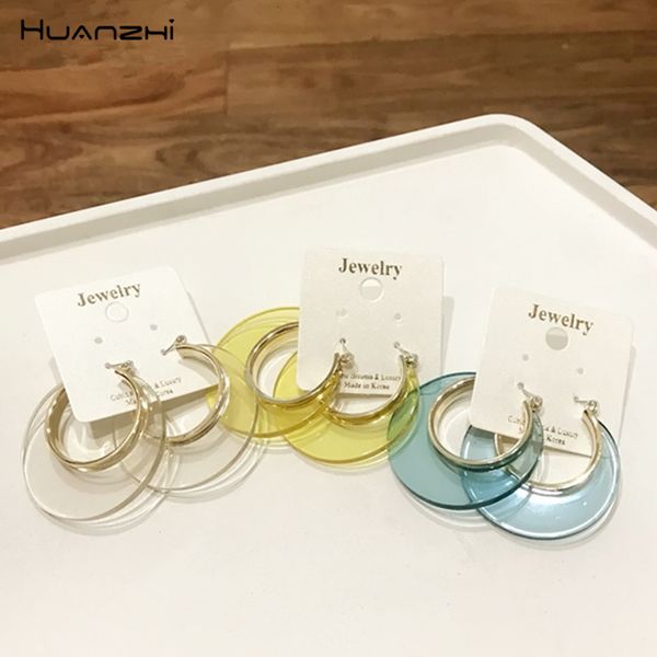 

huanzhi korean 2019 new transparent acrylic colorful geometric crescent shape hoop earrings for women girl party travel jewelry, Golden;silver