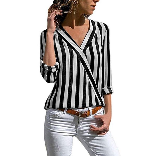 

women full sleeve fashion vertical stripe shirts vogue ladies v neck casual basic offical lady blouse early autumn femme clothes, White