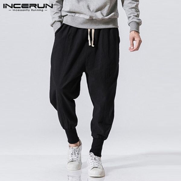 

vintage trousers men casual cotton joggers solid 2019 drawstring streetwear baggy harem pants men workout sweatpants 5xl incerun, Black