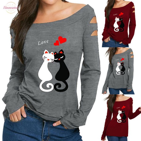 

cat love prints women blouse ladies off shoulder summer shirt long sleeve fashion female vetement camiseta mujer, White