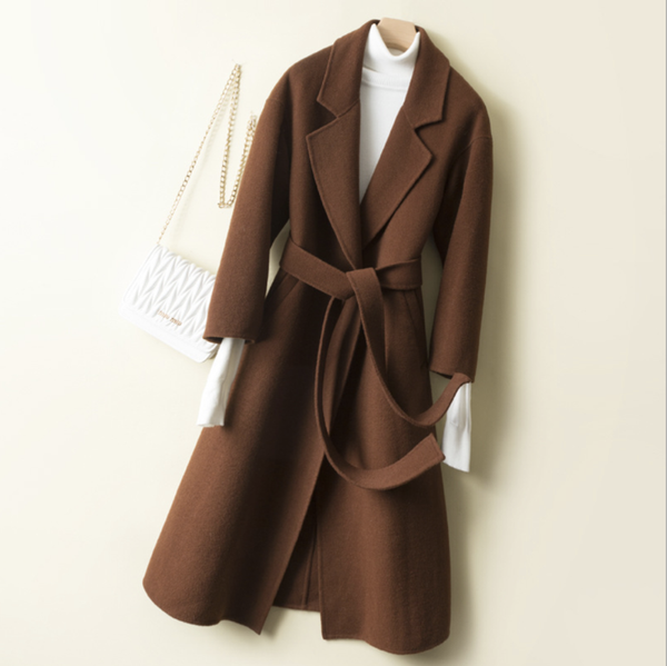 

spring autumn winter women warm 100% wool cashmere coat belt bow handmade female lady long overcoat outwear clothes, Black