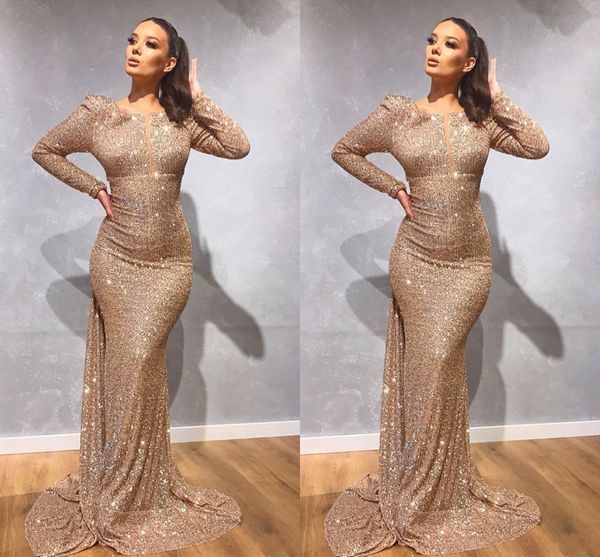 Gold Long Sleeve Mermaid Prom Dresses 2020 Red Sequined Black