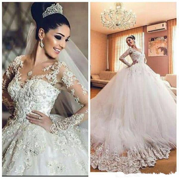 

african arabic wedding dresses 2018 sheer neck 3d floral appliques long sleeves wedding dress luxury tulle saudi arabia bridal dress, White