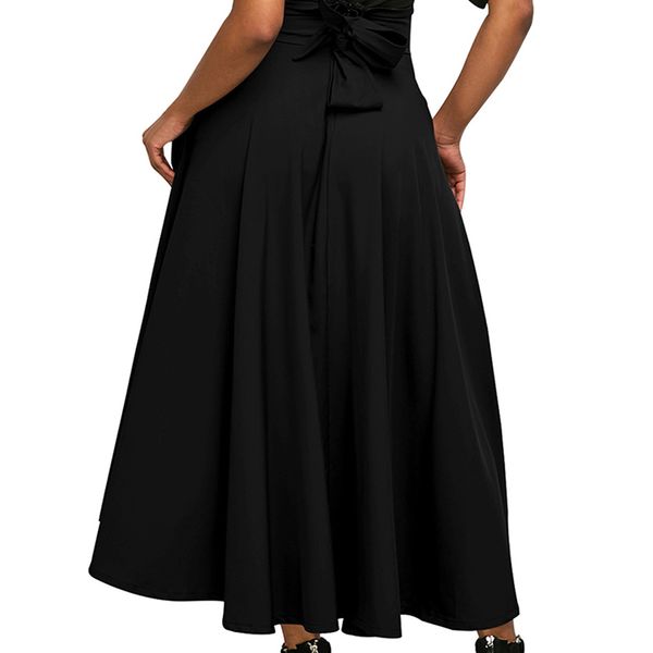 

summer women big swing long skirts casual a-line elastic high waist ankle-length skirt fashion vintage solid pockets beach skirt, Black