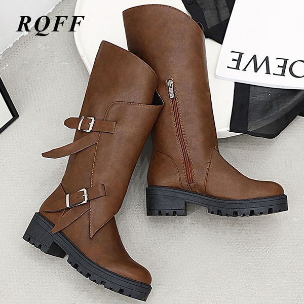 

coffee brown black shoes women plus size autumn winter new mid-calf boots women fashion block high heel buckle high boot