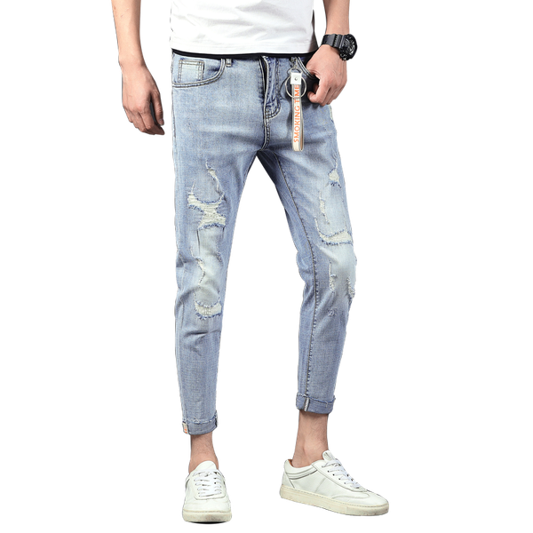 

men's jeans fashion ankle-length with omament summer casula denim holes a1807, Blue