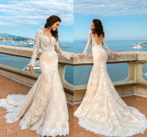 

2020 new champagne mermaid lace wedding dresses long sleeves beach boho elegant backless fitted sweetheart bridal gowns with 675, White