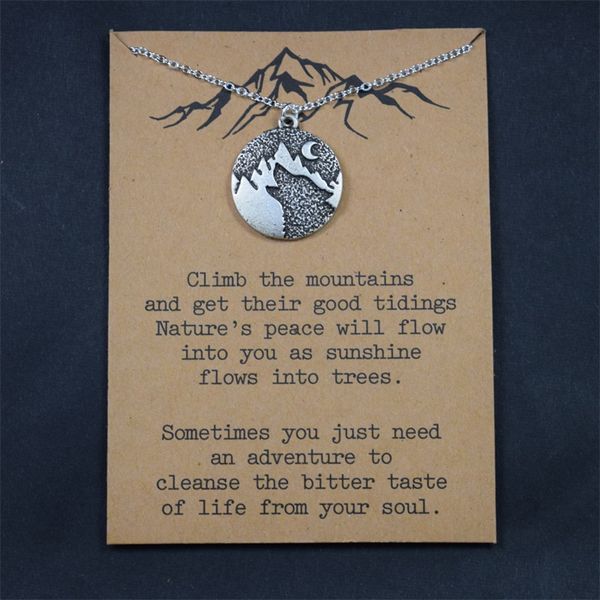 

nature mountain forest moon stars pine tree necklace camping hiking jewelry with card holiday gifts, Silver