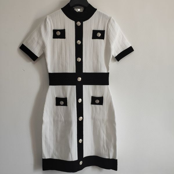 

women designer brand dresses short sleeve lady luxury casual button decoration dress simple fashion back zip spring 2020 hot, Black;gray