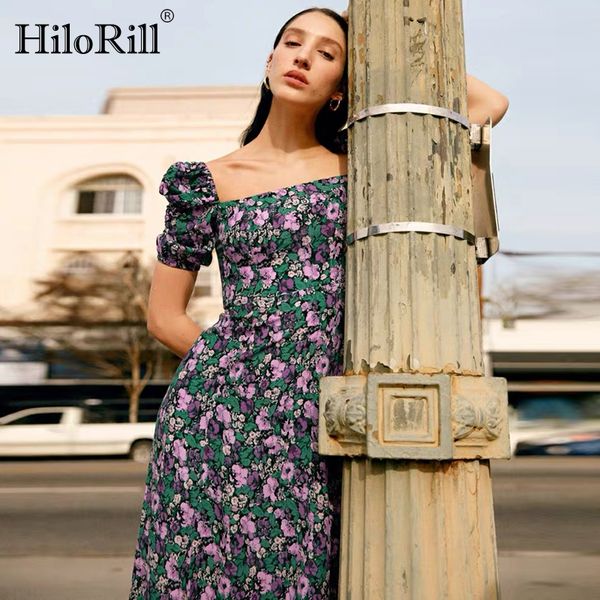 

women vintage a line long dresses summer 2020 boho floral print holiday casual dress puff short sleeve split elegant dress, Black;gray
