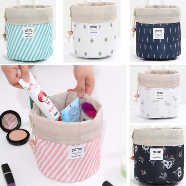 

new lady cosmetic bag barrel shaped makeup bags drawstring travel pouch toiletry bags cactus flamingo flower striped storage bags fa2234
