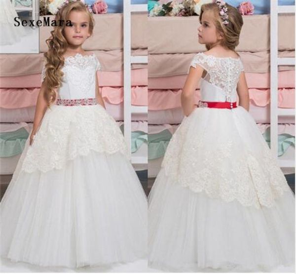 

white ivory lace first communion dress for little girl off shoulder tiered ball gown kids pageant dress custom made size, Red;yellow