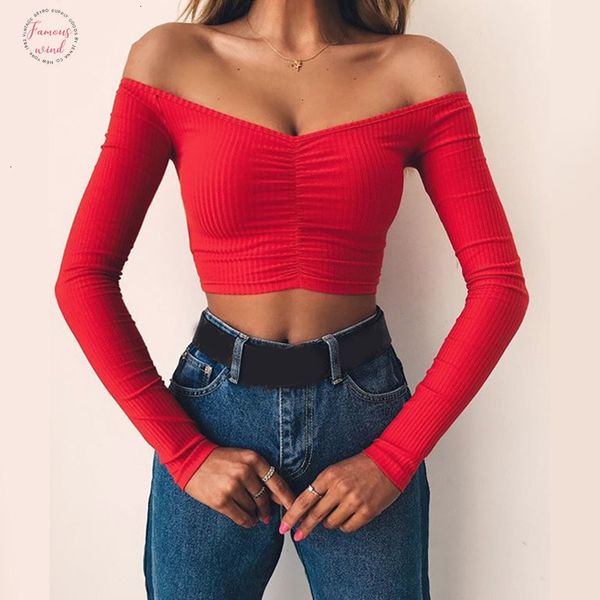 

elegante rode off shoulder lange mouwen geribbelde t shirt vrouwen gebreide basic stretch t shirt 90 s meisjes tees 2019, White
