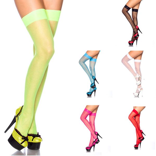

candy color neon green stockings thigh high stockings women over knee long thin stocking hosiery pantyhose without pant, Black;white