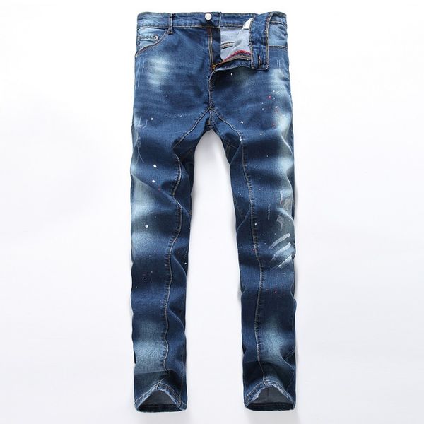 

2017 new fashion brand of mens jeans brand hole straight nostalgic patch biker skinny jeans men vaqueros hombre trousers, Blue