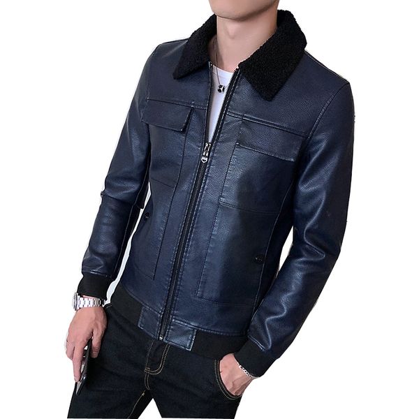 

осень зима искусственная кожа pu мужские куртки молния человек отворот повседневная теплая европа америка пальто qt27, Black