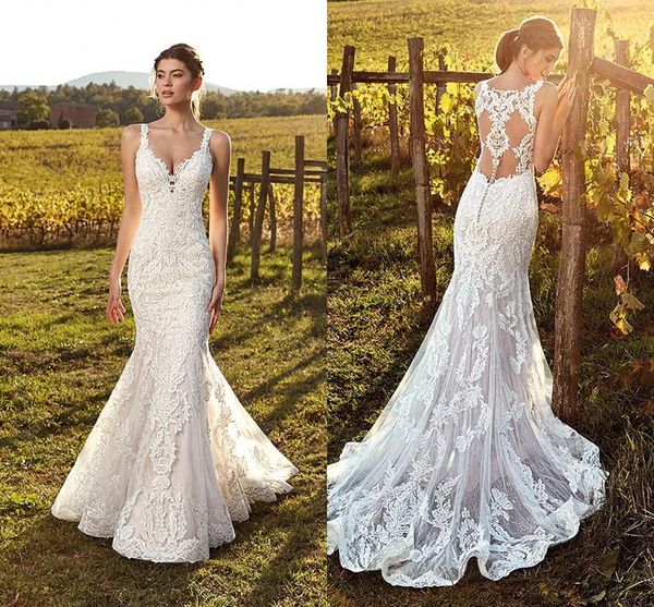

2020 vintage straps deep v neck lace mermaid wedding dresses full lace tulle summer wedding bridal gowns illusion back australia, White