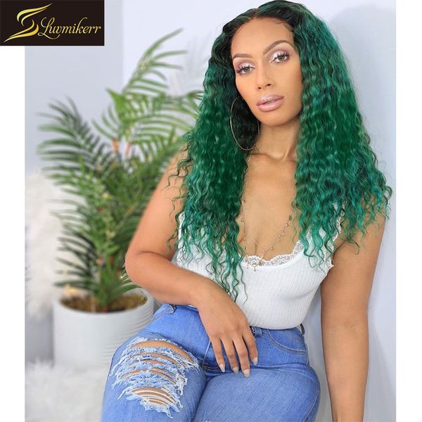

250 density peruvian green colored deep part lace front human hair wigs for women water wave wet and wavy frontal wig preplucked, Black;brown