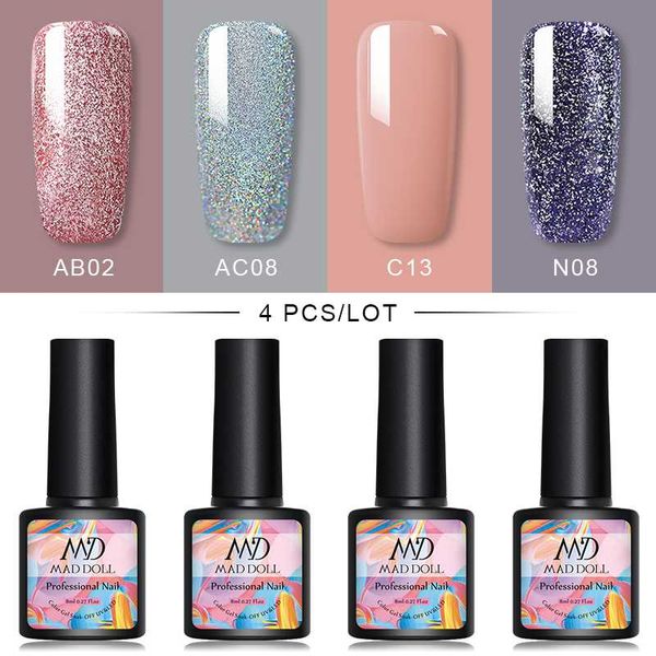 

mad doll 4pcs/set glitter uv gel nail polish set soak off nail gel art led polish color nude diy design set, Red;pink