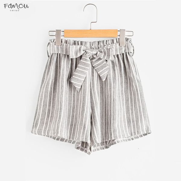 

Vertical Striped Elastic Waist Elastic Waist Self Straight Front Shorts Womens Grey High Waist Shorts Summer Tie Shorts