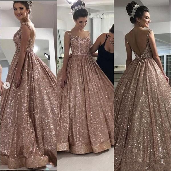 

rose gold 2020 princess evening ball gowns spaghetti straps glitter sequined floor length backless prom party dresses al4788, Black