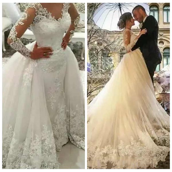 

2019 long sleeve muslim mermaid v neck wedding dresses with detachable train white lace appllique princess vintage wedding gowns