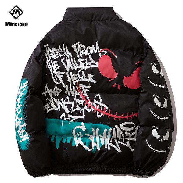 

graffiti print puffer jacket men padded down jacket men thick parka harajuku streetwear windbreaker winter coat clothes, Black