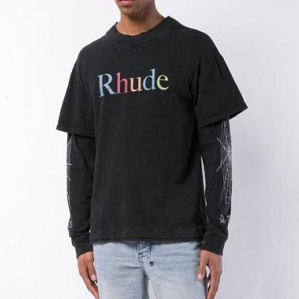 

19fw rhude old washed spider web color letter printed black футболка с длинным рукавом толстовка модный пуловер cool street casual hfhlwy068