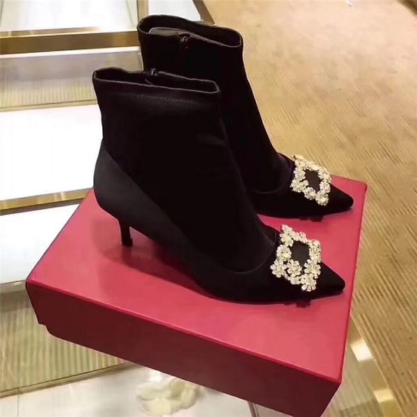 

winter new 2019 short ankle boots women pointed toe side zip elegant lady bootas chic bling flowers crystal buckle boot femme, Black