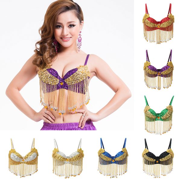 

women's shiny sequins belly rave dance bra dj disco nightclub costume, Black;red
