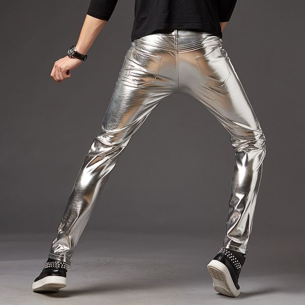 

men trouser pu leather skinny slim wet look tight pencil stage performance show club wear cosplay costumes pants, Black