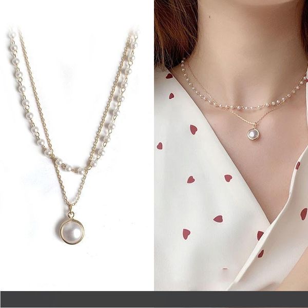 

korean fashion double-layer pearl young personality simple necklace, Silver
