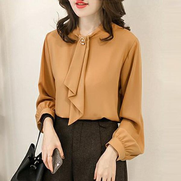 

fashion women long lantern sleeve o-neck casual chiffon tie solid shirts, White