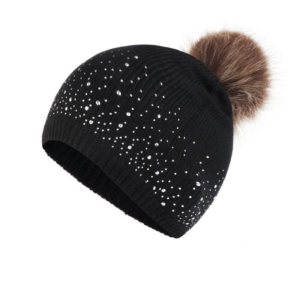 

women elastic outdoor daily soft rhinestone studded autumn winter knitted hat warm casual windproof plush ball hemming gifts, Blue;gray