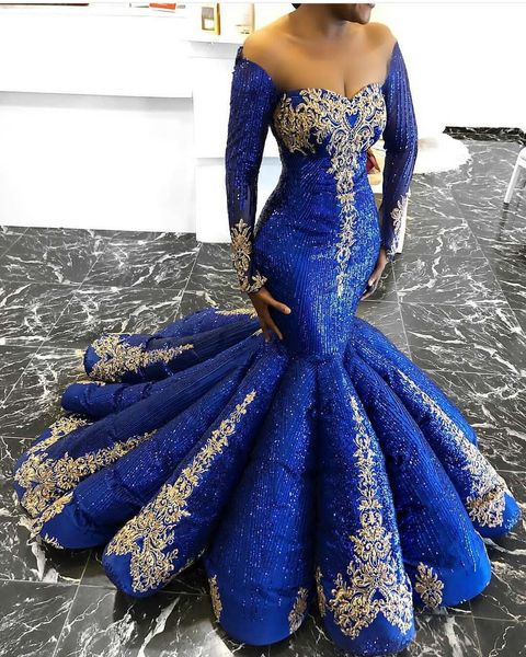 2019 Azul Royal Vestidos de Baile Novo Fora Do Ombro Lace Lantejoulas Frisado Faísca Vestidos de Noite Sereia Ruffles Meninas Negras vestido robes de soirée