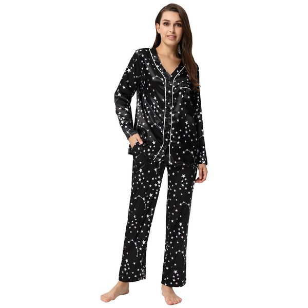 

womens pajama set ladies long sleeves long pants v-neck star pattern with pockets sleepwear, Black;red