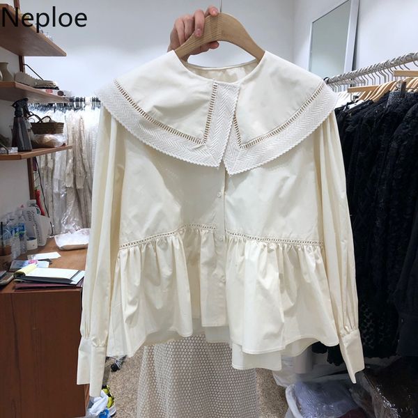 

neploe korean sweet women doll shirt peter pan collar long sleeve ruffle blouse 2020 spring long sleeve solid blusas 59182, White