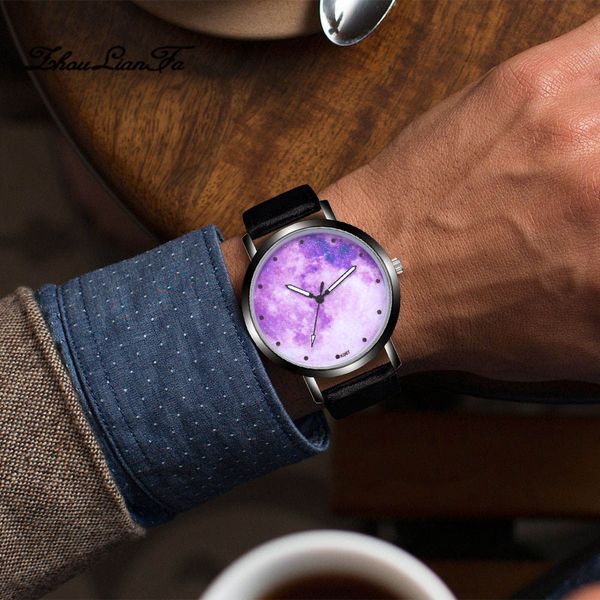 

zhoulianfa relogio masculino watch men brand fashion design purple starry dial leather band analog alloy quartz wrist watch, Slivery;brown