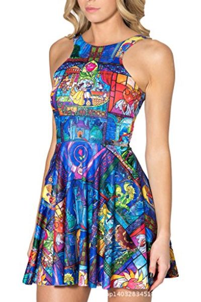 

qzunique women's cartoon printed stretchy sleeveless pleated fit and flare skater dress, Black;gray