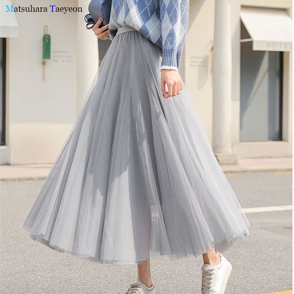 

summer tulle skirts womens tulle skirt elastic high waist long pleated skirt fashion casual skirts womens 2020 ladies new, Black