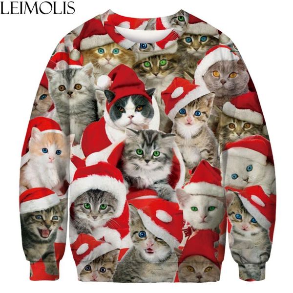 

3d print christmas cat family funny sweatshirts men streetwear dropship casual harajuku o neck hoodies hip hop pullover, Black