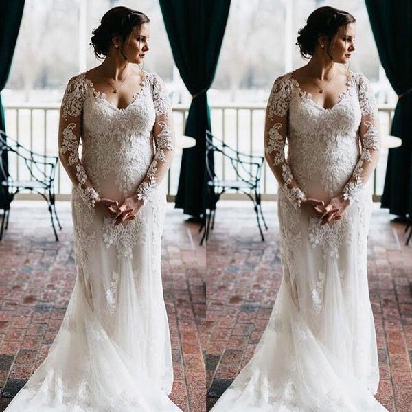 

2019 plus size mermaid wedding dresses long sleeves beaded lace illusion bridal dress vintage wedding gowns vestidos de mariee, White