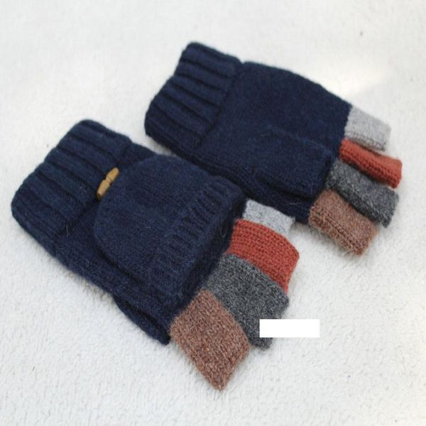 

men half finger knitted cycling stitching color mittens warm fingerless winter gloves with flip top, Blue;gray