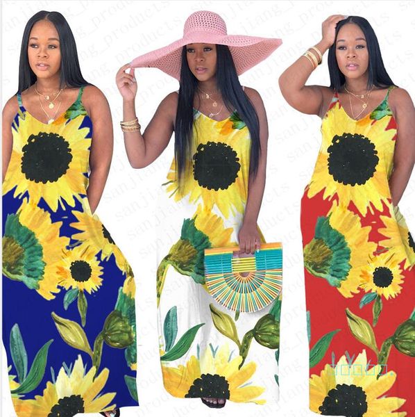 

women long dress clothing casual summer sleeveless sunflower printed dresses skirt bodycon party beach suspender floor-length skirts d5507, White