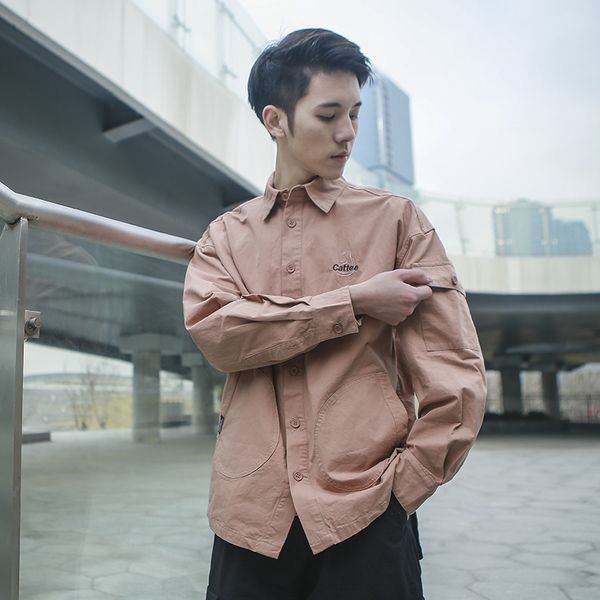 

solid color streetwear men shirt jacket hip long sleeve pockets vintage work shirts for male guys tech wear, Black;brown